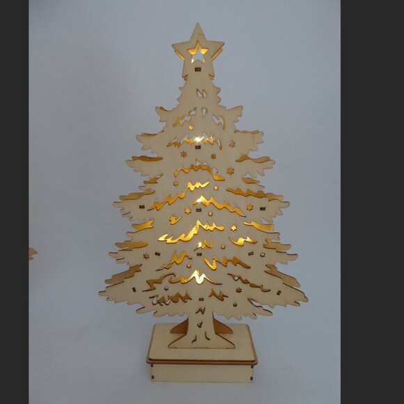 NEW 15” CHRISTMAS WINTER TREE LED LIGHT UP LASER CUT WOOD TREE LOT OF 3 - Picture 4 of 8